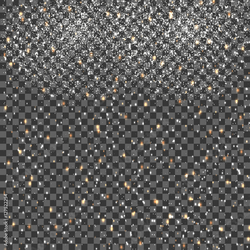 Neon white glittering snow dust trail sparkling particles, shimmer vector background. Snowfall effect. Glowing round particles. Falling scatter shine tinsel light explosion. Celebration and party.