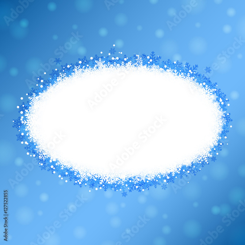 Beautiful winter oval banner with snowflakes on snowy blue background. Vector illustration.