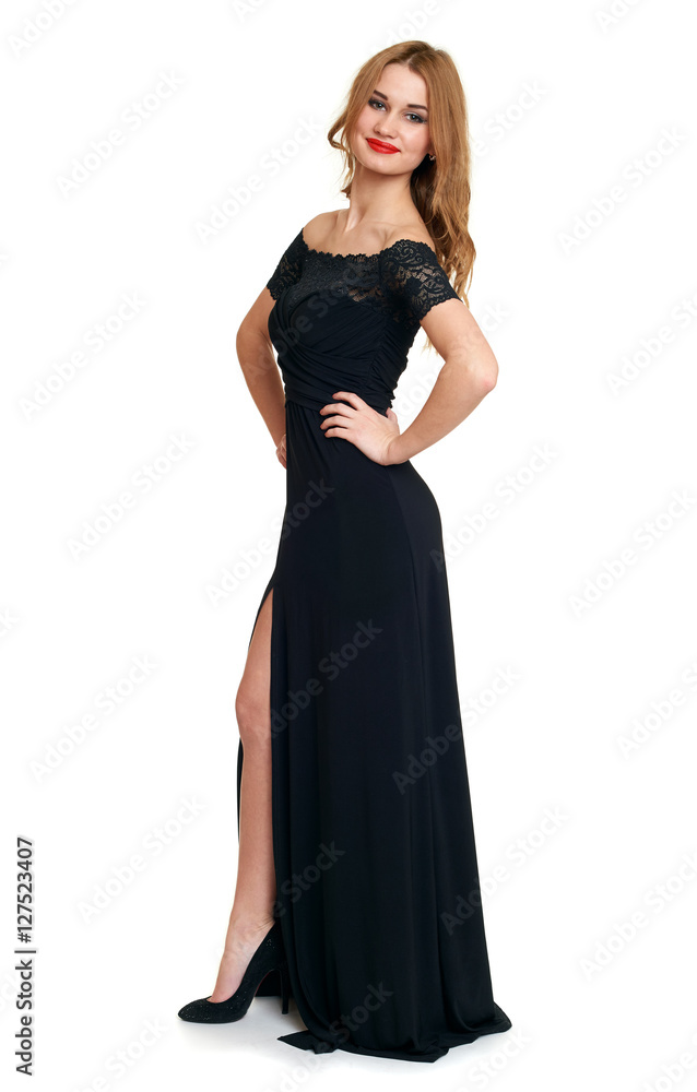 beautiful girl in black gown isolated on white background, holiday concept beautiful girl in black gown isolated on white background, holiday concept