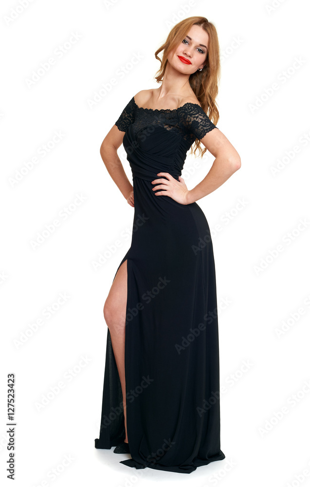beautiful girl in black gown isolated on white background, holiday concept beautiful girl in black gown isolated on white background, holiday concept