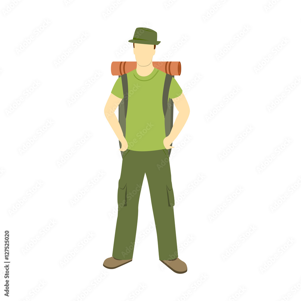 Cartoon man with touristic backpack. Camper. Traveler. Camping equipment. Cartoon man with touristic backpack. Camper. Traveler. Camping equipment.