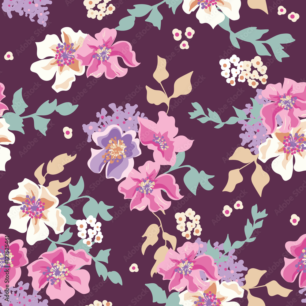Seamless floral pattern with flowers on purple background
