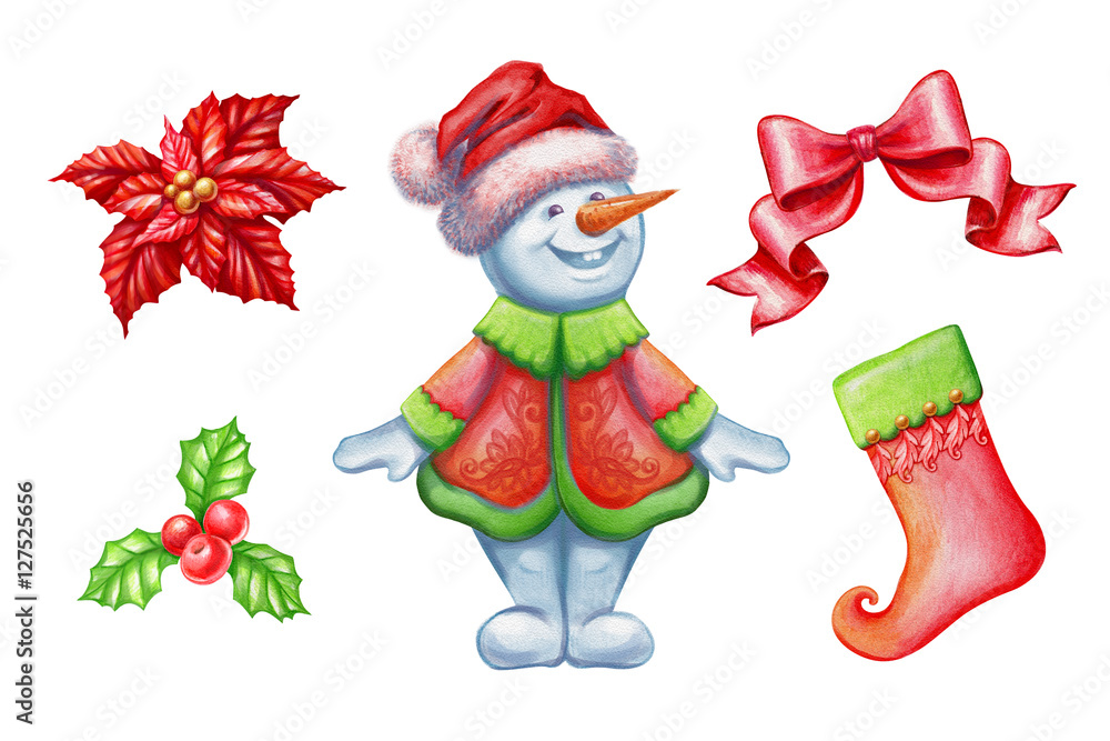 Christmas clip art set isolated on white background, snowman, poinsettia flower, bow, holy berry, stocking, watercolor illustration