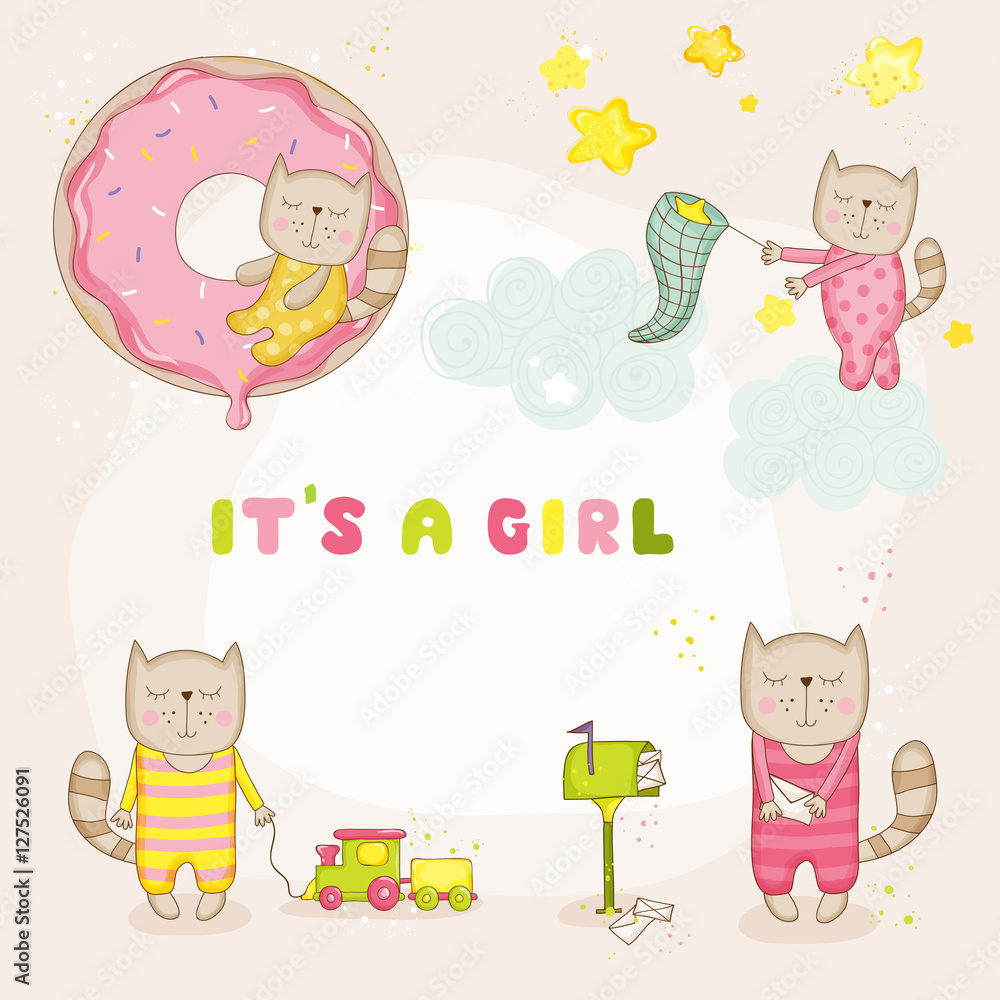 Baby Girl Cat Set - Baby Shower or Arrival Cards - in vector Baby Girl Cat Set - Baby Shower or Arrival Cards - in vector