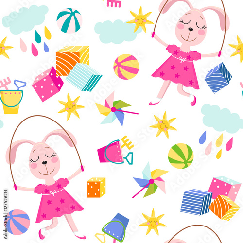 Seamless background with rabbit and toys.
