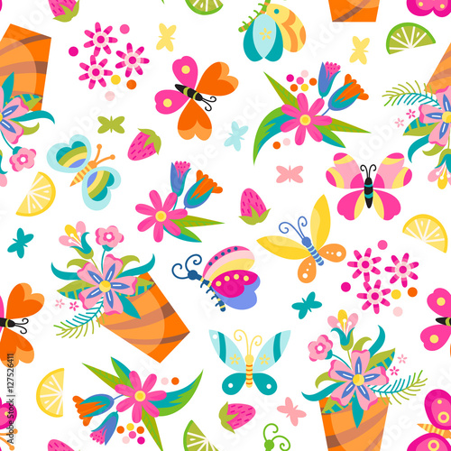 Seamless children s background with butterfly and flowers