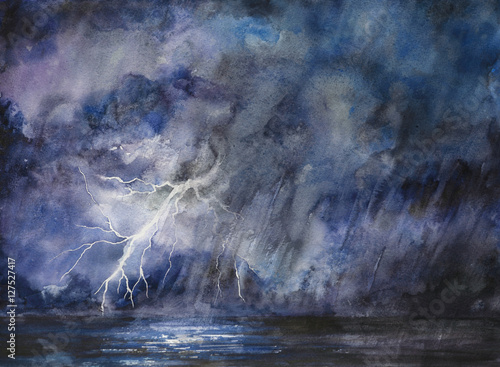 Stormy night sky watercolor painting abstract background with lightning