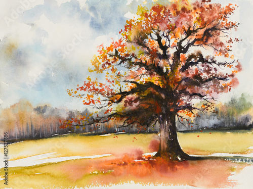 Picture of oak with autum leaves.Picture created with watercolors.