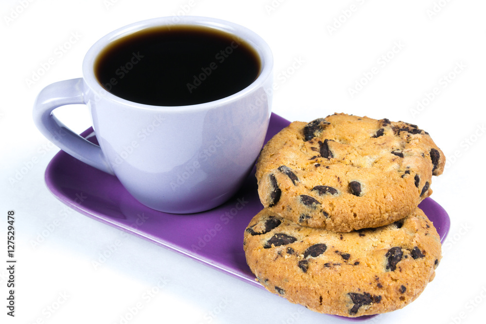 Purple coffee cup with saucer and spoon isolated on white background Purple coffee cup with saucer and spoon isolated on white background
