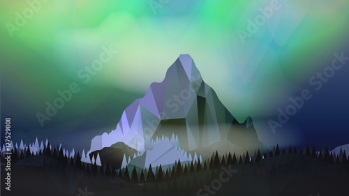 Mountains Landscape with Northern Aurora - Vector Illustration