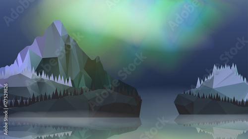 Lake and Mountains Landscape with Northern Aurora - Vector Illus