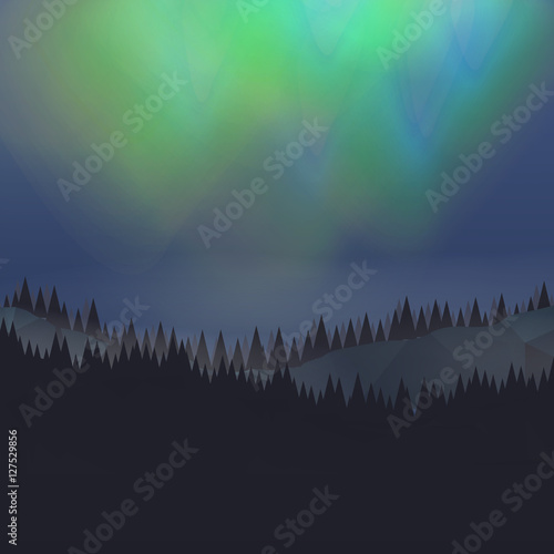Forest Landscape with Northern Aurora - Vector Illustration