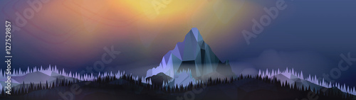 Mountains Landscape with Northern Aurora Panorama - Vector Illus
