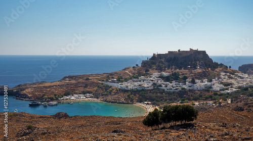 Distance view of the old city od Lindos, Rodos, Greece