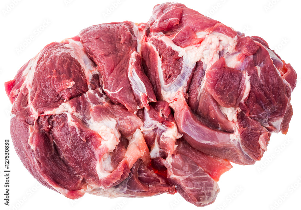 A large piece of raw meat fresh pork. Picnic shoulder butt part. 2.5 kg. Isolated on white background.