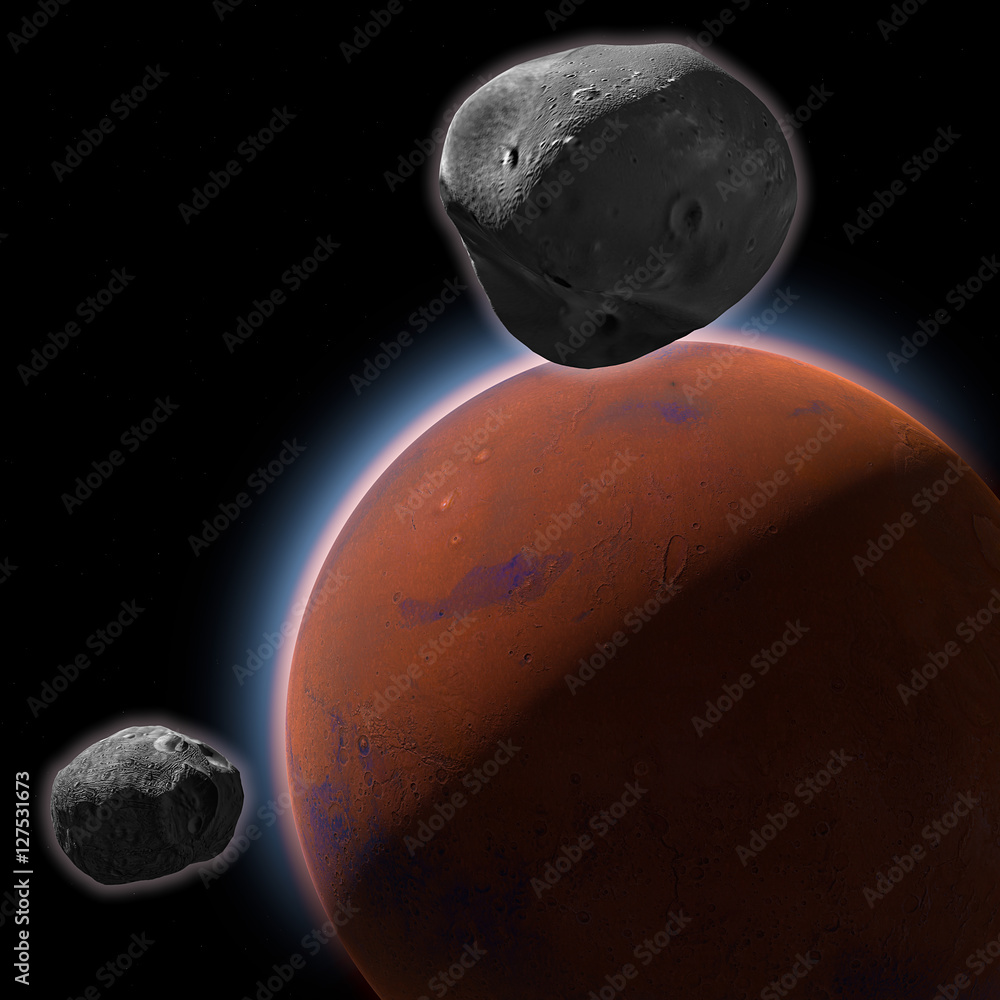 Pianeta Marte e lune Phobos e Deimos, suolo, crosta, spazio, sistema solare  Stock Illustration | Adobe Stock