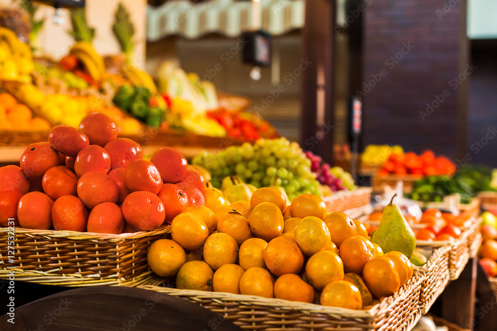Fresh fruits and vegetables on the counter.
