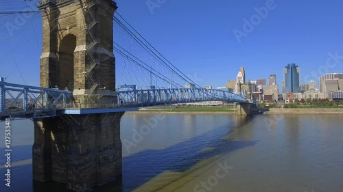 Aerial video John A. Roebling Suspension Bridge between Kentucky and Ohio over Ohio River photo