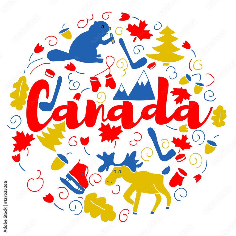 Obraz premium Canada Landmark Travel and Journey Infographic Vector Design. Canada country design template. Template for souvenir Greeting Card, cup, t-shirt, notebook.