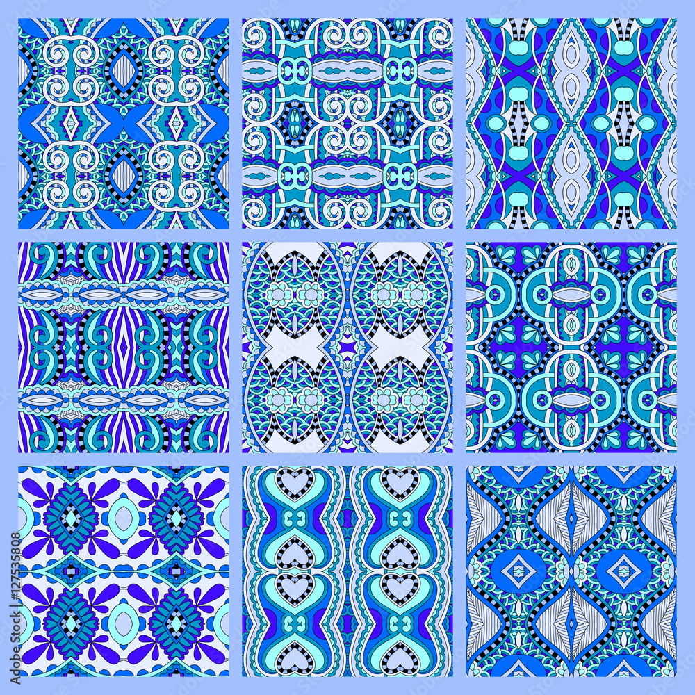 set of blue seamless colored vintage geometric pattern