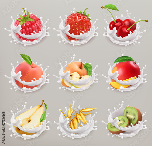 Fototapeta Naklejka Na Ścianę i Meble -  Fruit, berries and yogurt. Strawberry, raspberry, cherry, pear, peach, apple, mango, kiwi, grain. 3d vector icon set 1