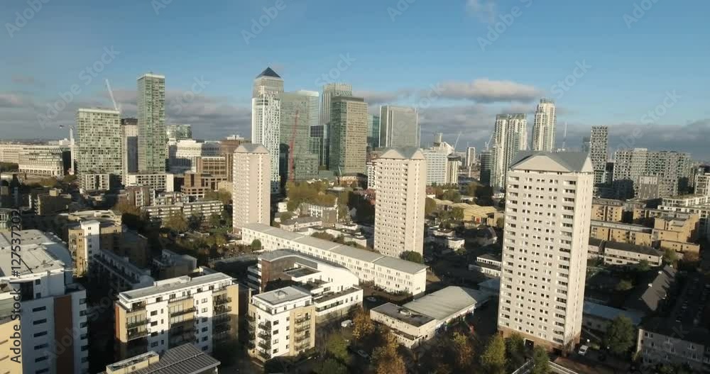 Aerial panning close up view of the financial district of the Docklands in London Aerial panning close up view of the financial district of the Docklands in London