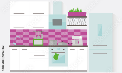 White kitchen interior with furniture. Flat style vector illustration.