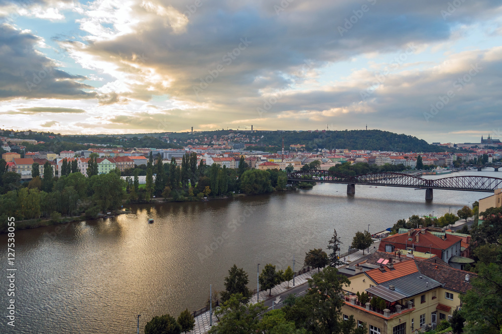 Naklejka premium Panorama of the old part of Prague from the Letna park.