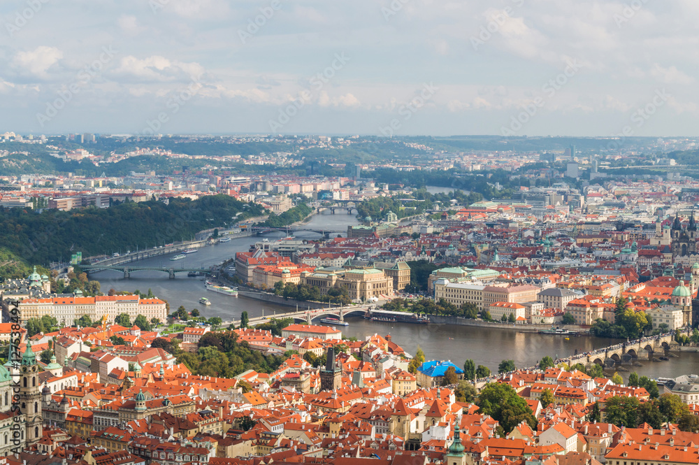 Red roofs in the city Prague. Panoramic view of Prague