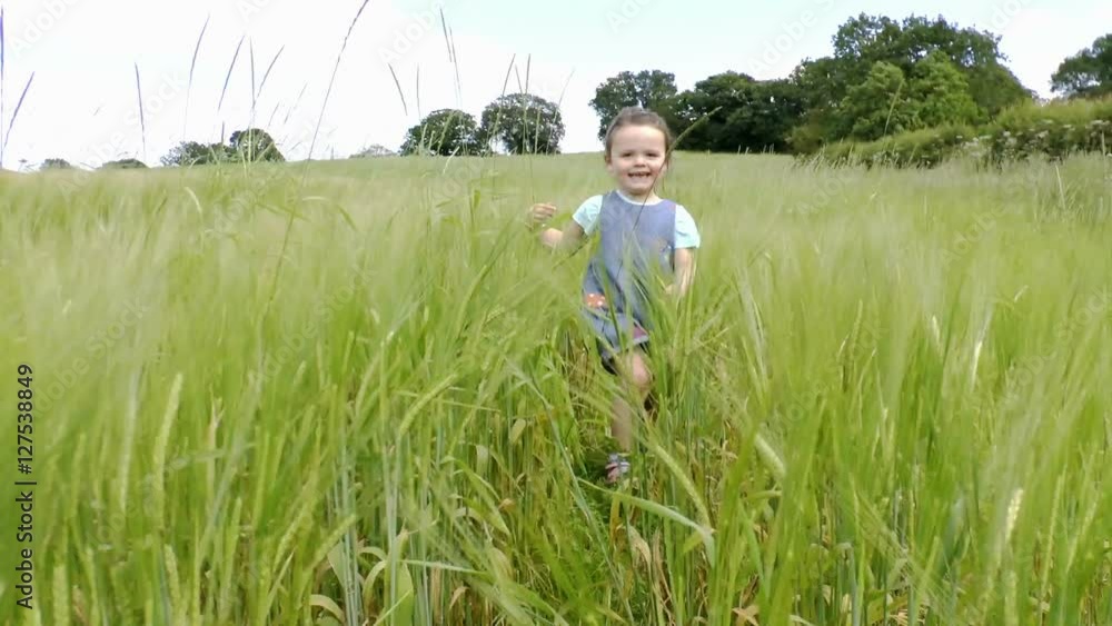Young little girl running through a pretty maize/wheat field in the British springtime. Filmed in an organic field with wildflowers growing among the crops. Filmed in slow motion. Young little girl running through a pretty maize/wheat field in the British springtime. Filmed in an organic field with wildflowers growing among the crops. Filmed in slow motion.