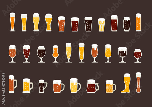 Set of beer with bubbles in glasses and mugs. Vector