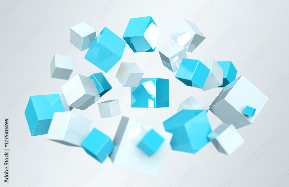 Floating blue and white shiny cube 3D rendering Floating blue and white shiny cube 3D rendering