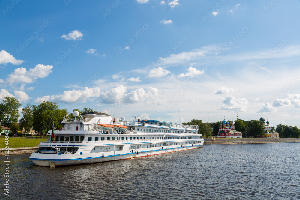 Passenger ship stands near the town of Uglich in  Russia