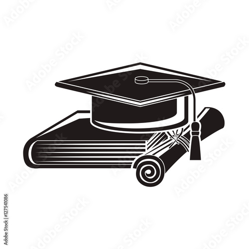 black silhouette graduation cap with certificate and book vector illustration