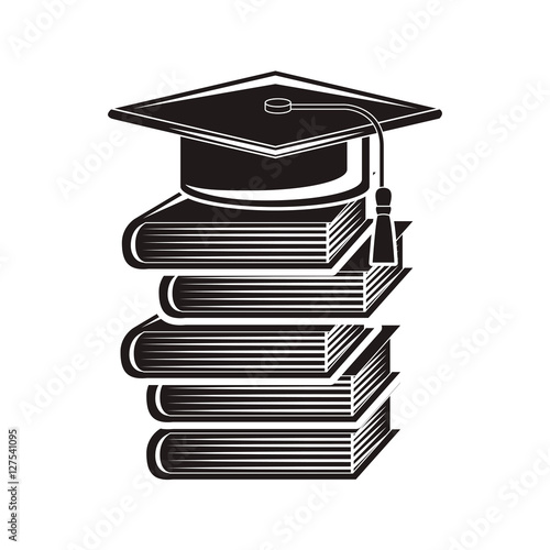 black silhouette graduation cap with stacked books vector illustration