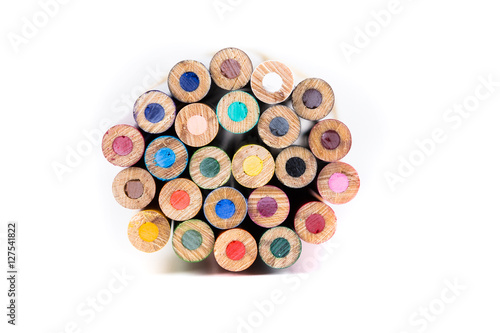 Bunch of assorted colored pencils isolated on white background