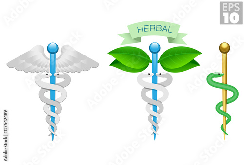 Herbal caduceus, Rod of Aesculapius, Medical icons, snake, rod and wings