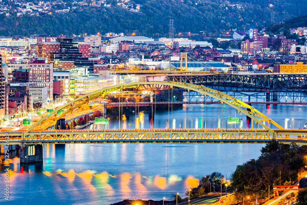 Fort Pitt Bridge spans Monongahela river in Pittsburgh, Pennsylvania.