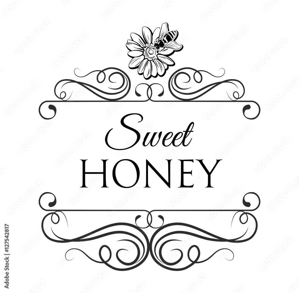 Sweet honey Bee label, badge, with honeycomb and jar. Filigree divider vintage frame. Vector Illustration