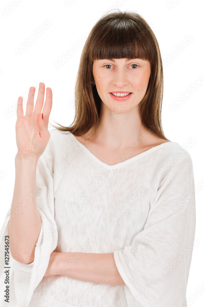 happy smiling woman showing four fingers happy smiling woman showing four fingers