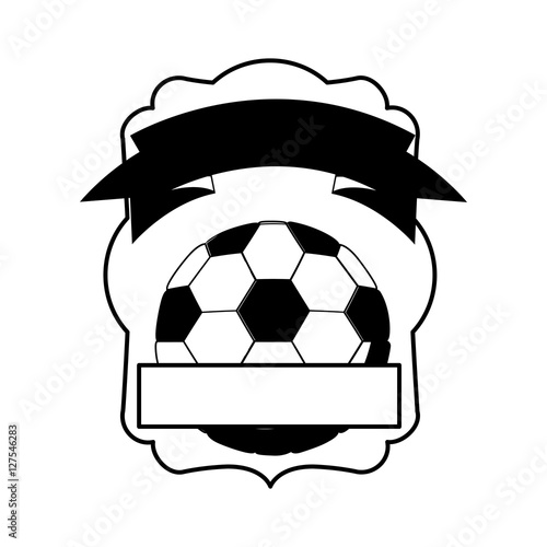 monochrome heraldic with half soccer ball and ribbon vector illustration