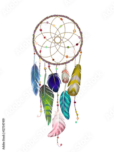Colorful detailed Dream catcher set, painted watercolor design. Hand drawn editable elements, realistic style, vector illustration. Ethnic Colored feathers, isolated on background,sketched collection.