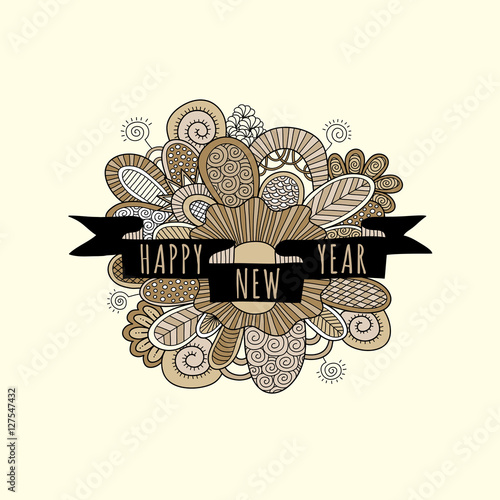 Happy New Year ribbon banner with the words happy new year, doodles, swirls and sparklers on a cream background, vector illustration.