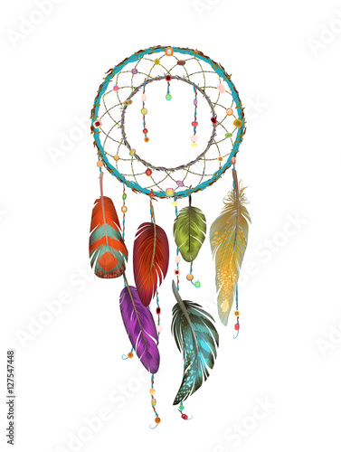 Colorful detailed Dream catcher set, painted watercolor design. Hand drawn editable elements, realistic style, vector illustration. Ethnic Colored feathers, isolated on background,sketched collection.