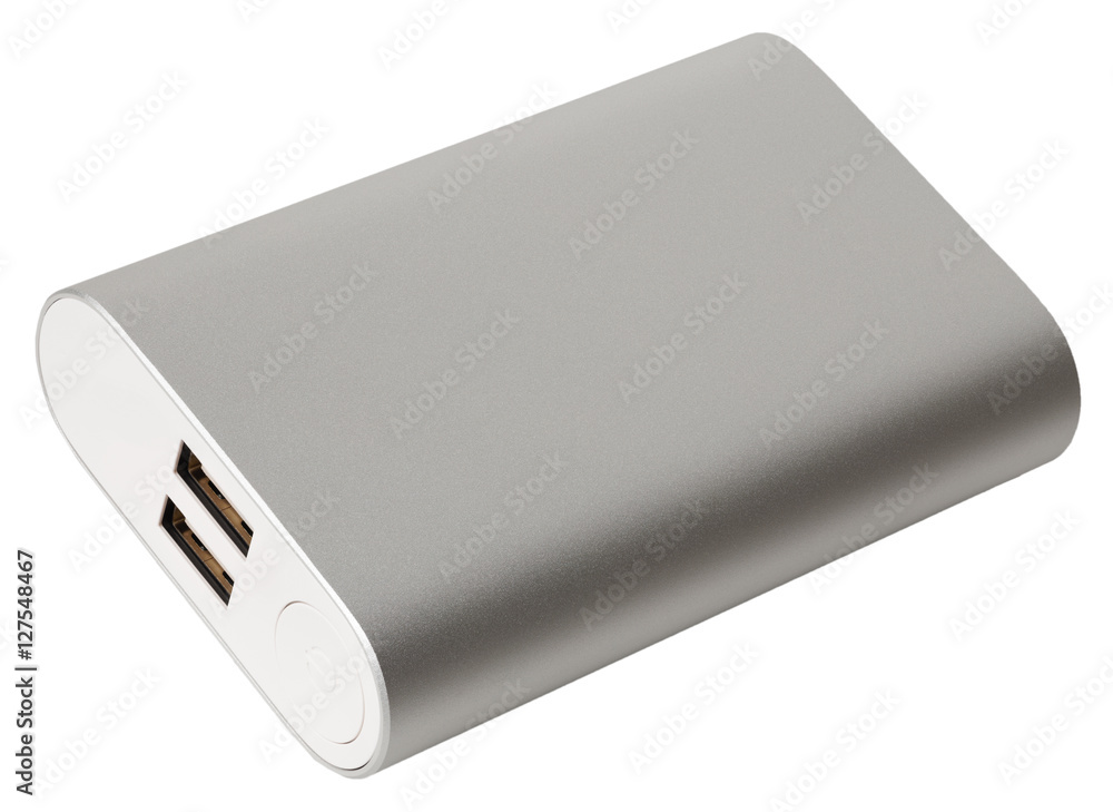 Silver power bank for mobile device with two usb ports isolated on white background Silver power bank for mobile device with two usb ports isolated on white background