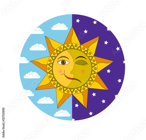 Solstice, smiling sun and sleeping moon in the circle of daytime blue sky and night indigo sky, vector