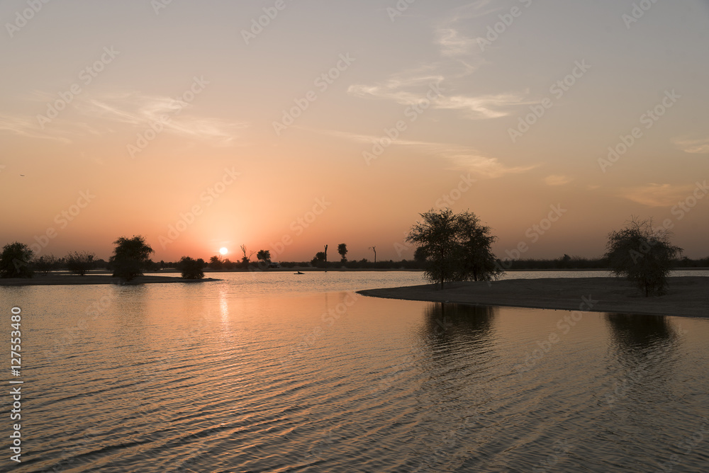 Sunset at Al Qudra Lake in Dubai, United Arab Emirates.