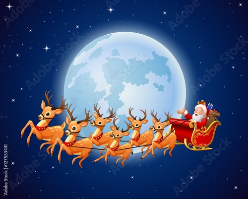 Santa Claus rides reindeer sleigh against a full moon background