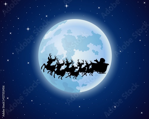 Fototapeta Naklejka Na Ścianę i Meble -  Santa Claus rides reindeer sleigh silhouette against a full moon background 