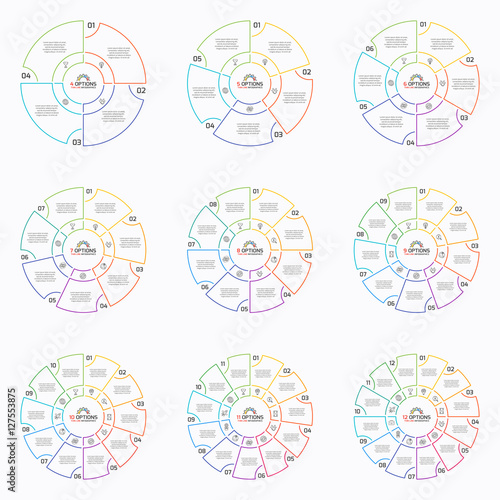 Set of thin line pie chart infographic templates with 4-12 options. Vector illustration.